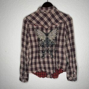 Miss Me Pearl Snap Button Up Plaid Butterfly Embellished Western Shirt Small NWT